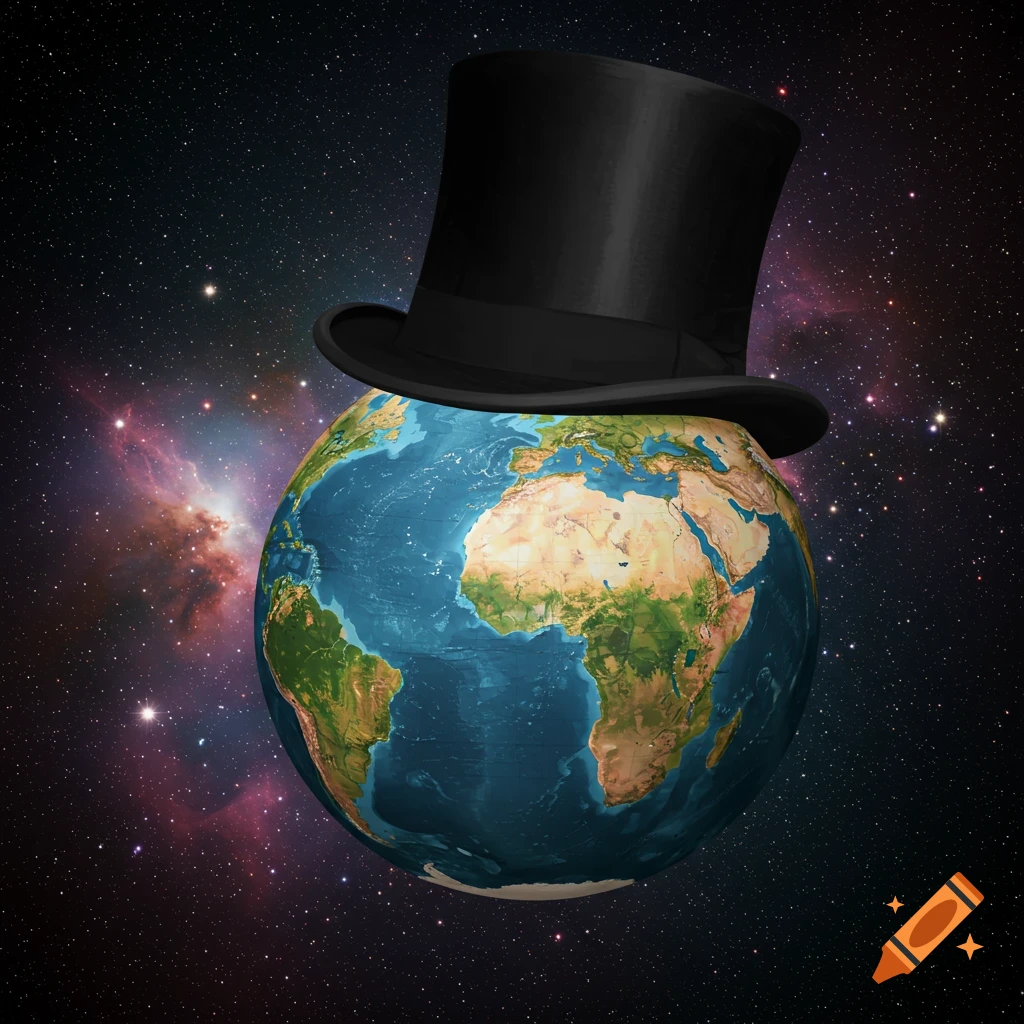 A globe of Earth wears a black top hat against a starry space background.