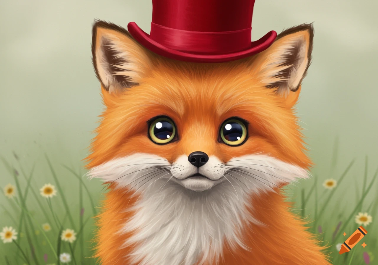 A cute cartoon fox wearing a red top hat sits in a field.