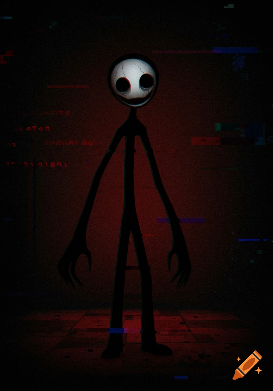 Creepy stick figure with a white face and large eyes standing in a dark, glitchy room with red lighting.