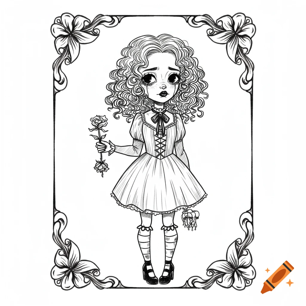 Black and white sketch of a gothic cartoon girl holding a wilted rose in a decorative border