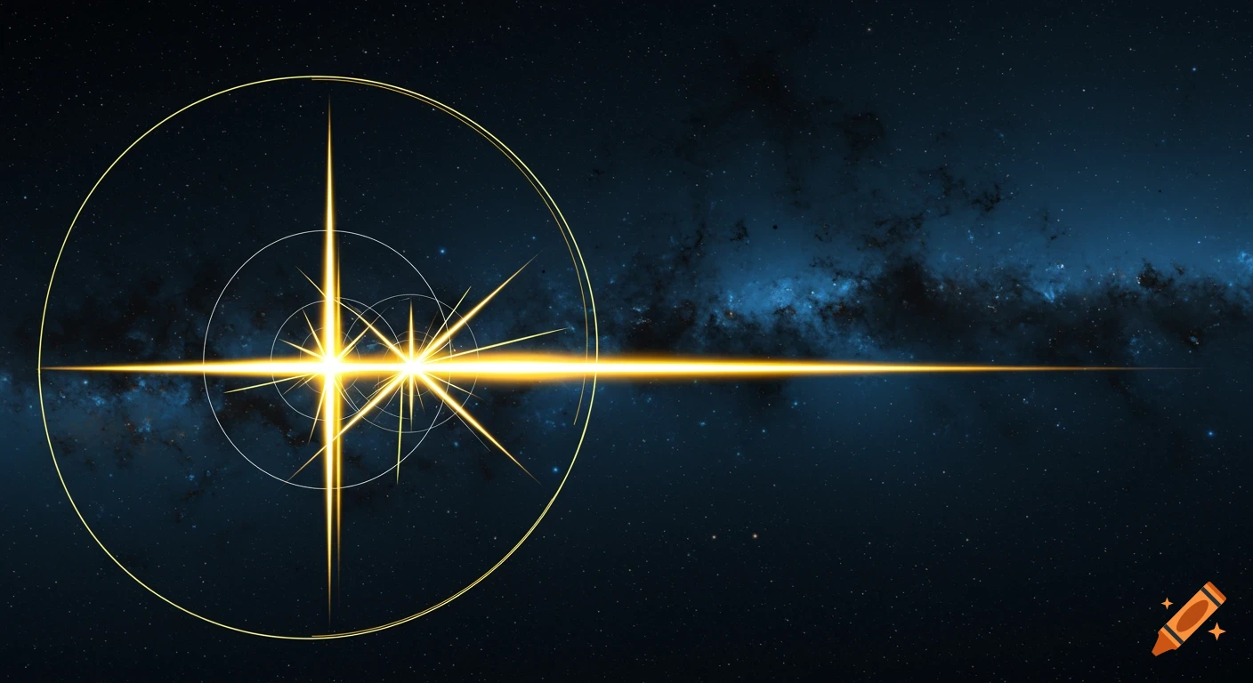 A glowing golden star shape with rays and geometric lines in a dark blue space background with nebulae.