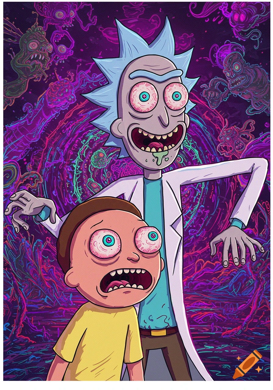 Rick and Morty in a chaotic, psychedelic dimension with monsters, styled like the cartoon.