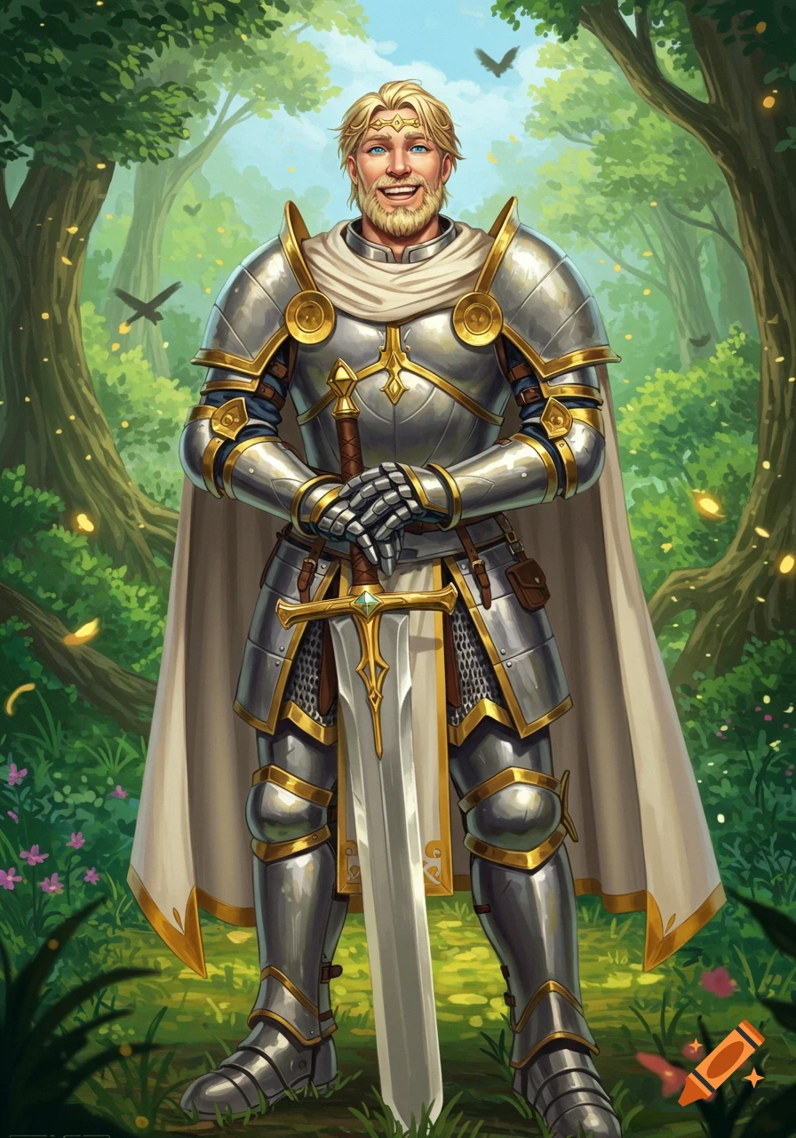 Smiling blonde male paladin in shiny armor stands in a sunny forest, holding a large sword.