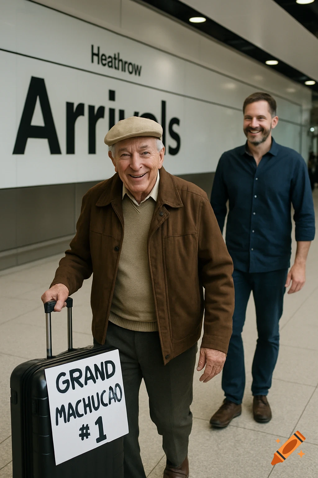 Older man with suitcase and sign "GRAND MACHUCAO #1" smiling at airport arrivals, greeted by younger man.