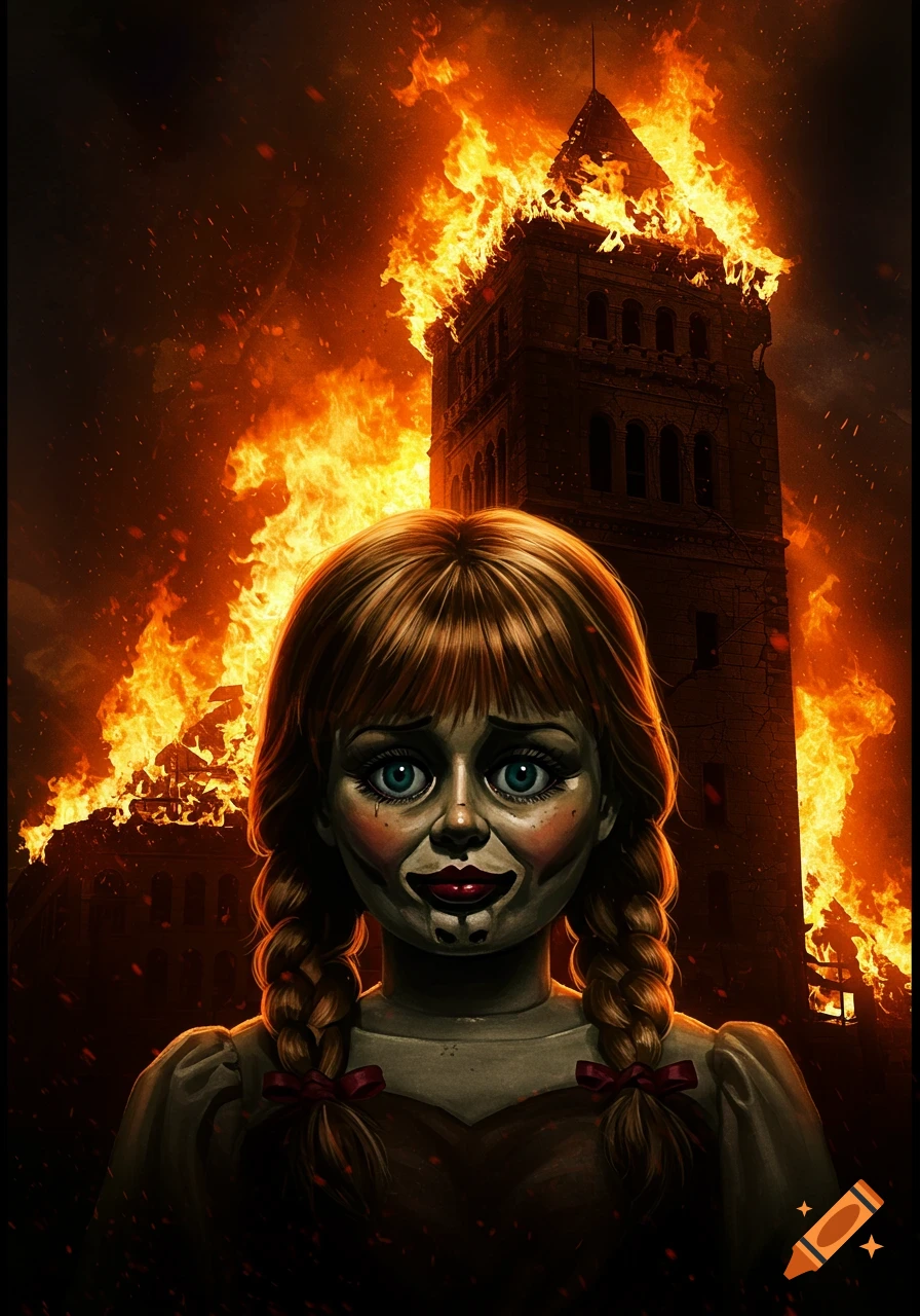 Annabelle doll stands in front of a burning building