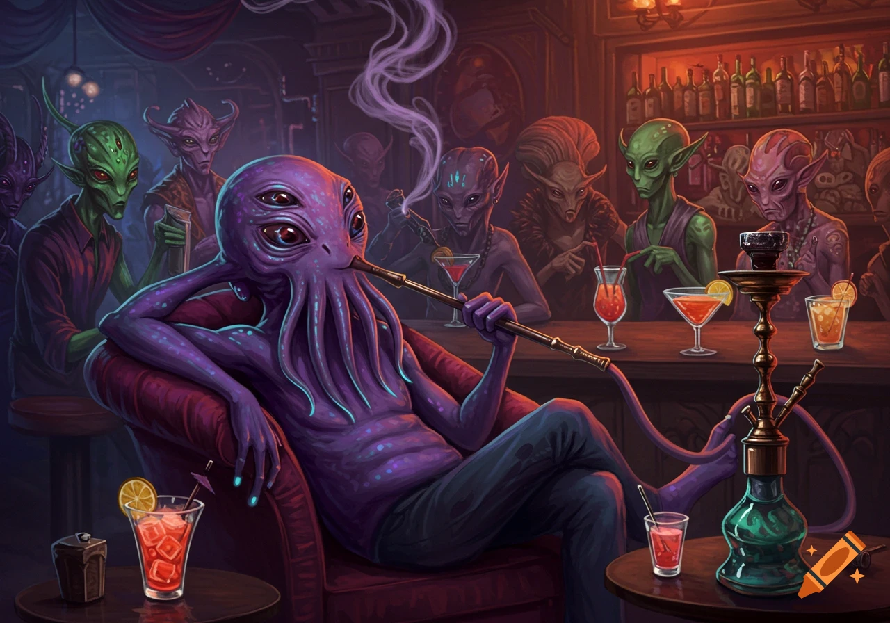Purple alien with tentacles smoking shisha in a bar filled with other aliens.