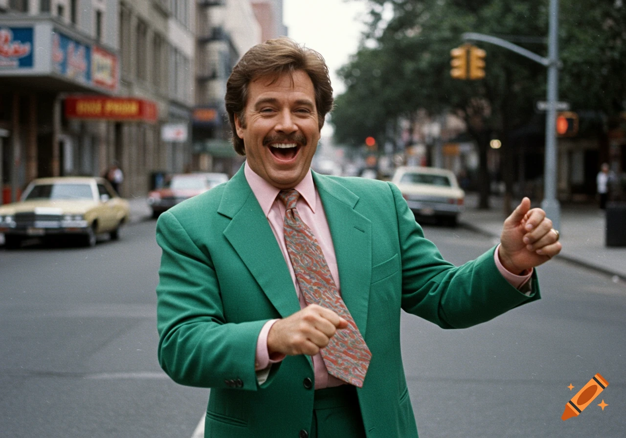 Man in green suit dancing and smiling on a city street in the 1980s