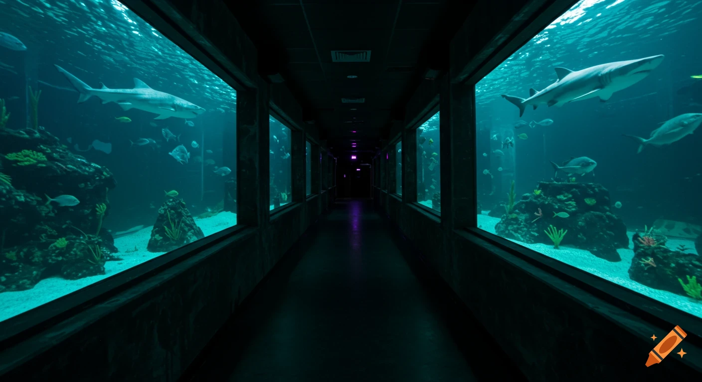Dark hallway with large aquarium tanks on either side showing sharks, fish, and underwater rocks