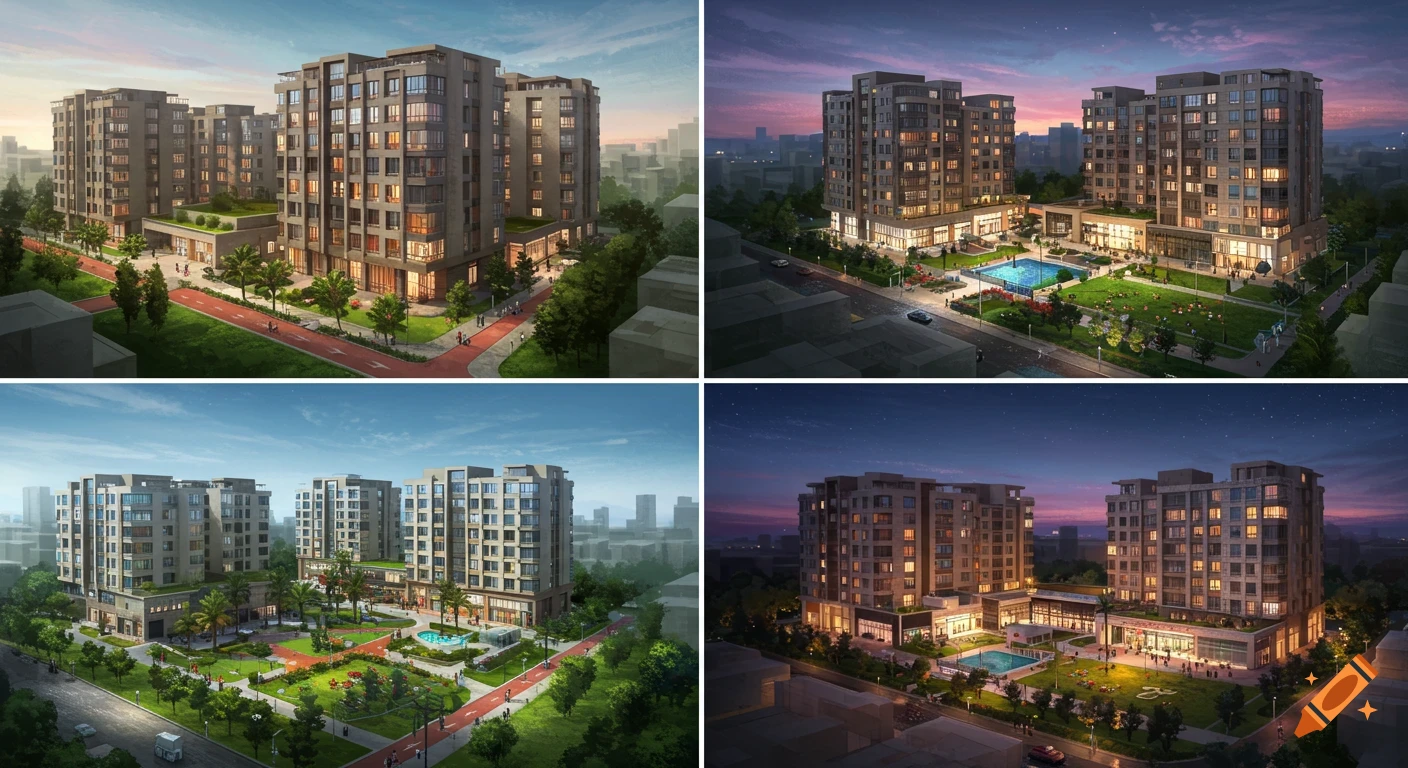 Four views of a modern neighborhood with multi-story buildings, green spaces, and pathways, shown at different times of day and night.