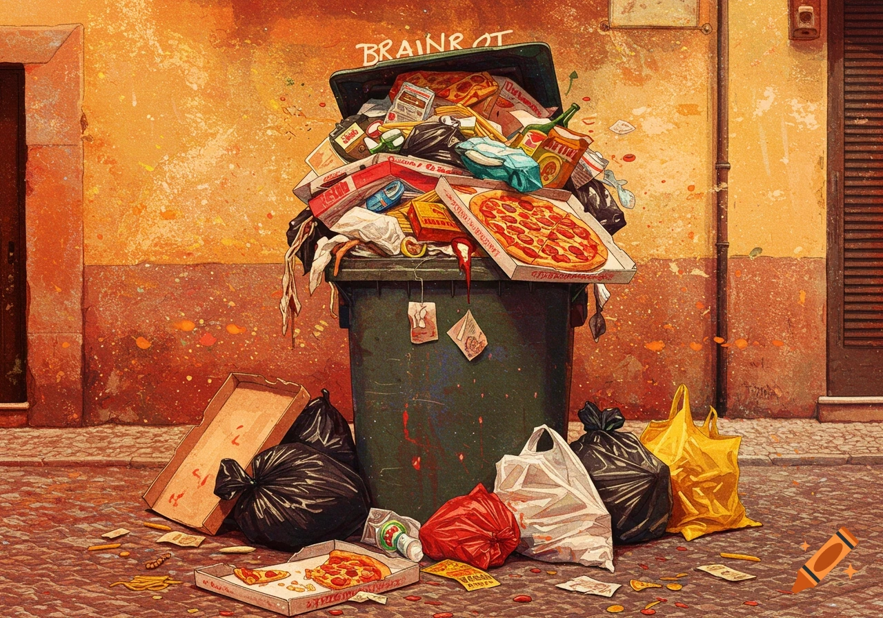 An overflowing rubbish bin in an alley is surrounded by trash bags, pizza boxes, and scattered debris on a cobblestone street. The wall behind it is peeling orange.