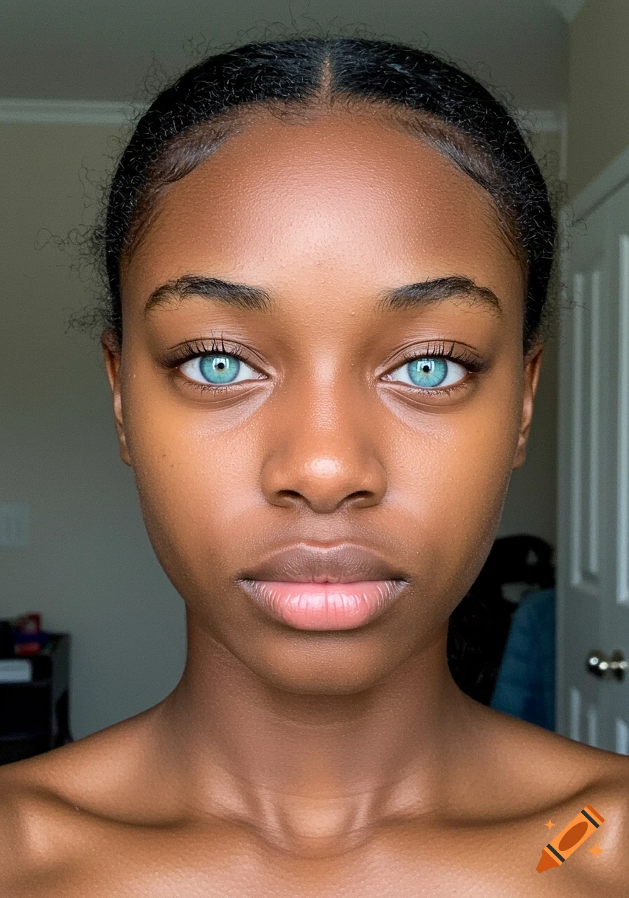 Close-up portrait of a young black woman with bright blue eyes.