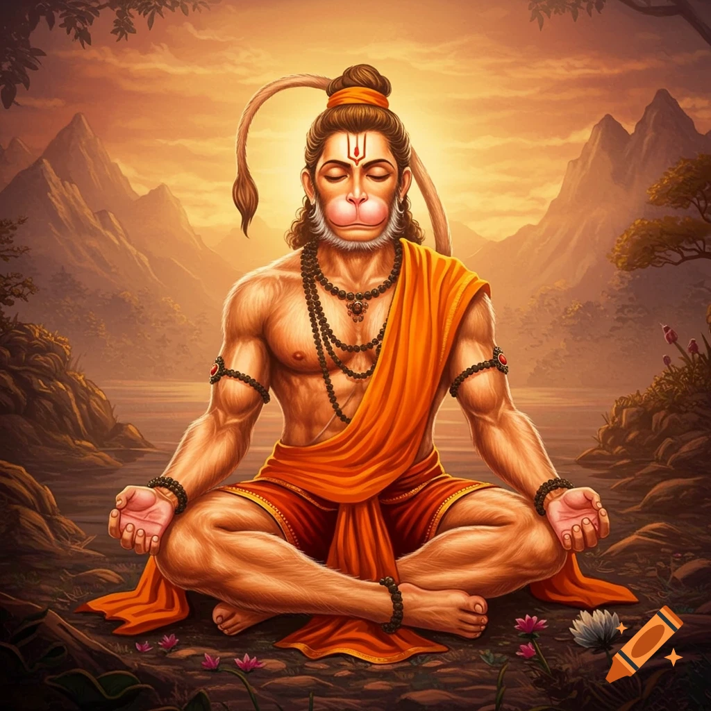 Digital painting of Hanuman meditating in a seated pose, wearing orange clothes, in a serene sunset landscape with mountains and water.