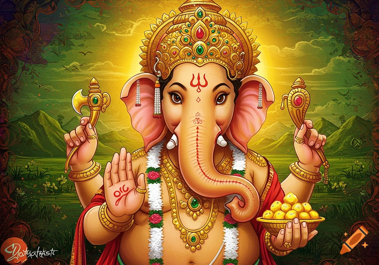 Detailed illustration of Ganesha, the Hindu elephant-headed deity, holding symbols and sweets against a vibrant landscape.