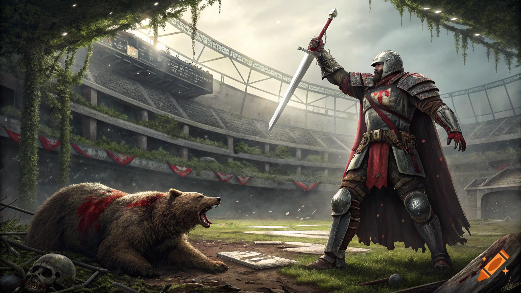 A medieval knight with a sword stands over a bear in a ruined stadium.