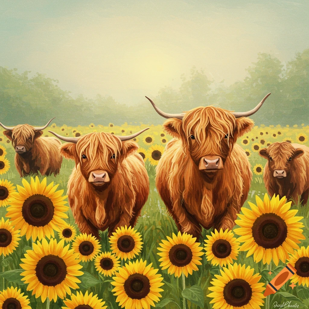 Four fluffy Highland cows in a sunny field of sunflowers.