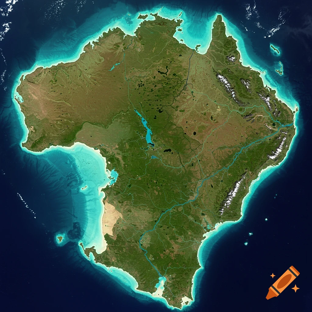 Satellite view of a large island with mountains, rivers, plains, and turquoise coastal waters.