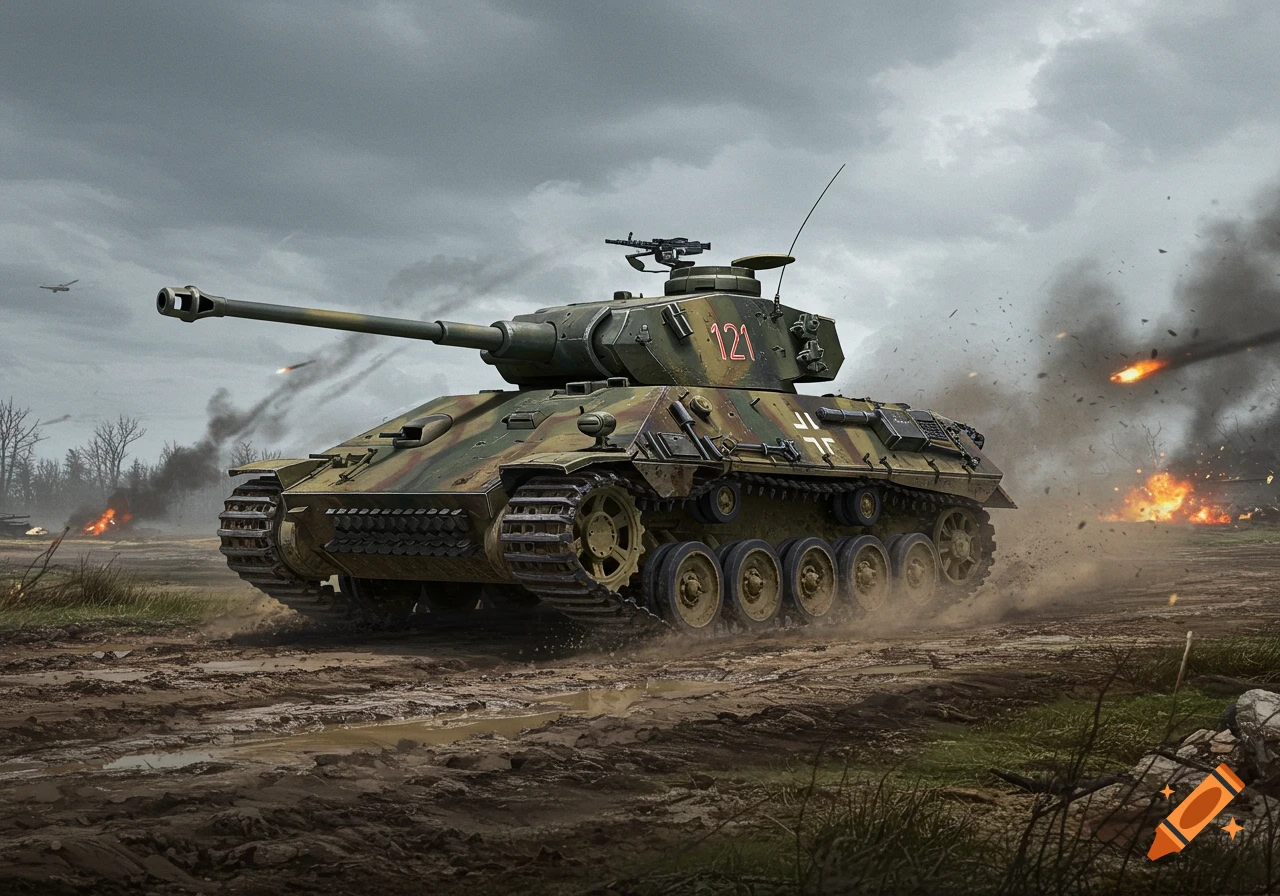 A World War 2 Hetzer tank drives through mud in a battle scene.