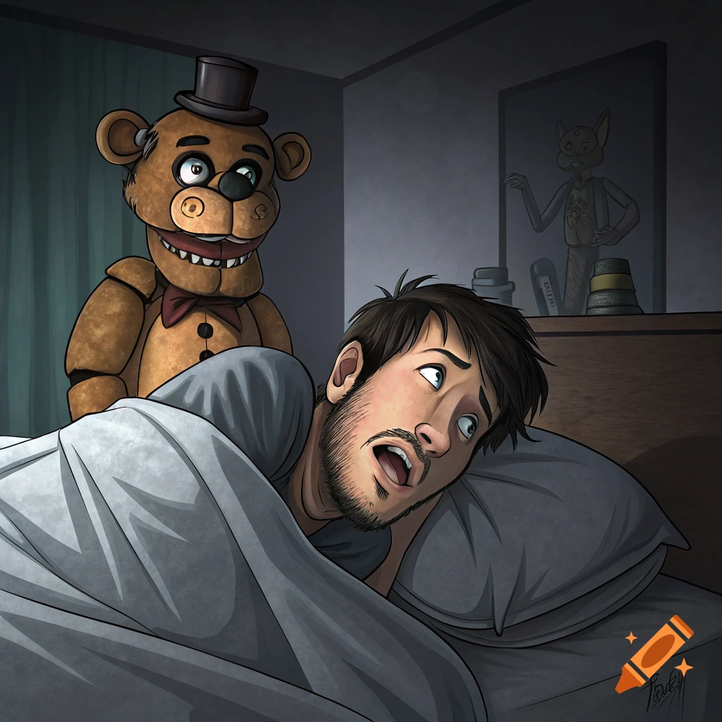 Illustration of a man looking scared in bed with Freddy Fazbear behind him, and a reflection of Foxy in the background.