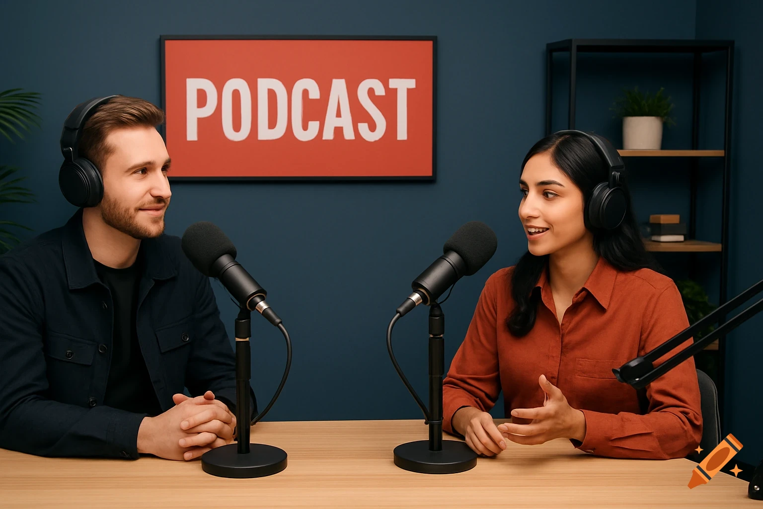 Man and woman recording a podcast in a studio