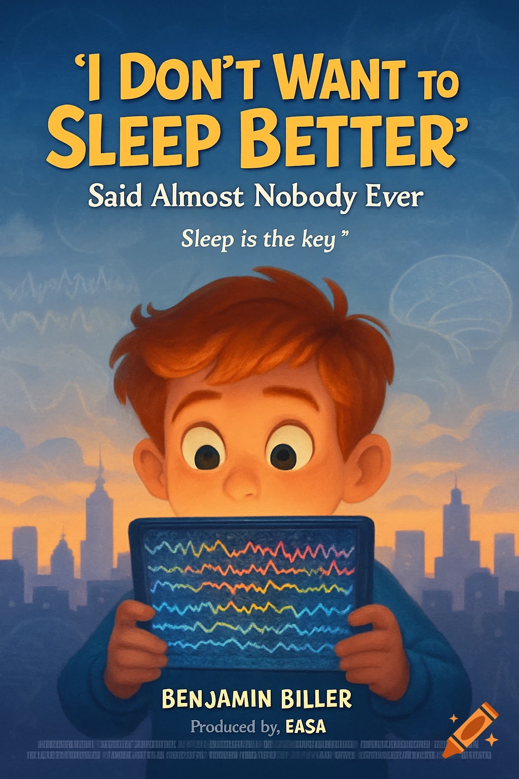 Movie poster for a kids' animated film featuring a boy looking at brain waves on a screen, with a cityscape in the background.