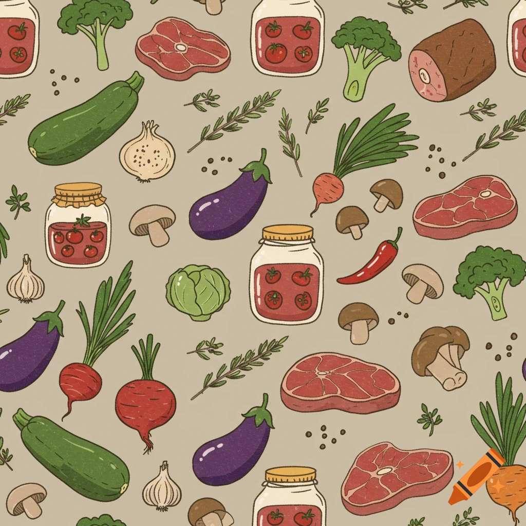 A cozy, cartoon pattern featuring zucchini, jars of tomato sauce, mushrooms, eggplants, herbs, and steaks on a taupe background.