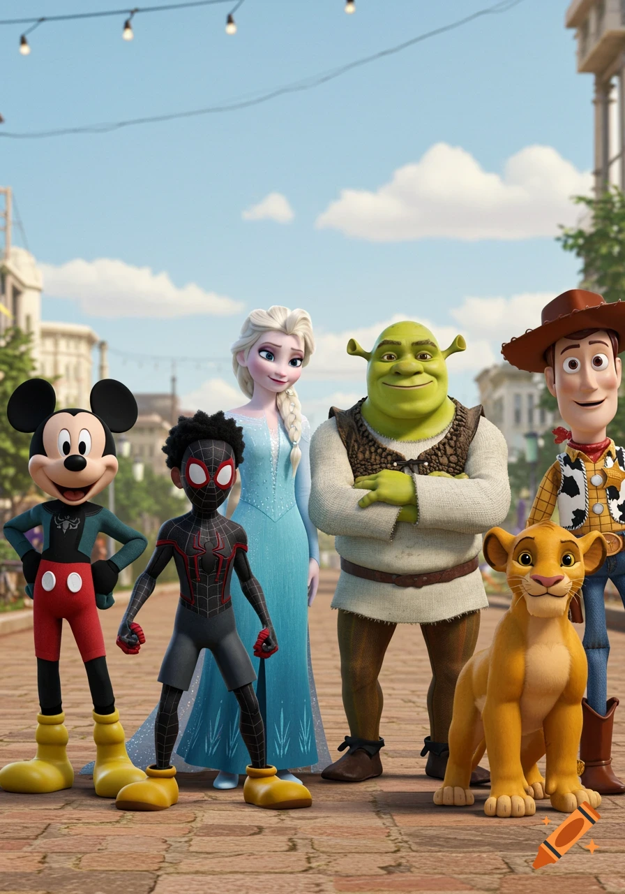 A group of animated characters including Mickey Mouse, Miles Morales, Elsa, Shrek, Woody, and Simba stand together outdoors.