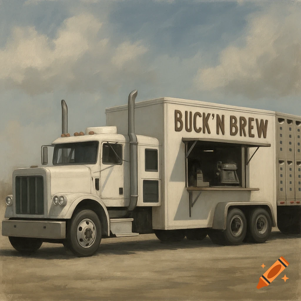 A painting of a white semi-truck converted into a mobile coffee trailer with the words "BUCK'N BREW" on the side.
