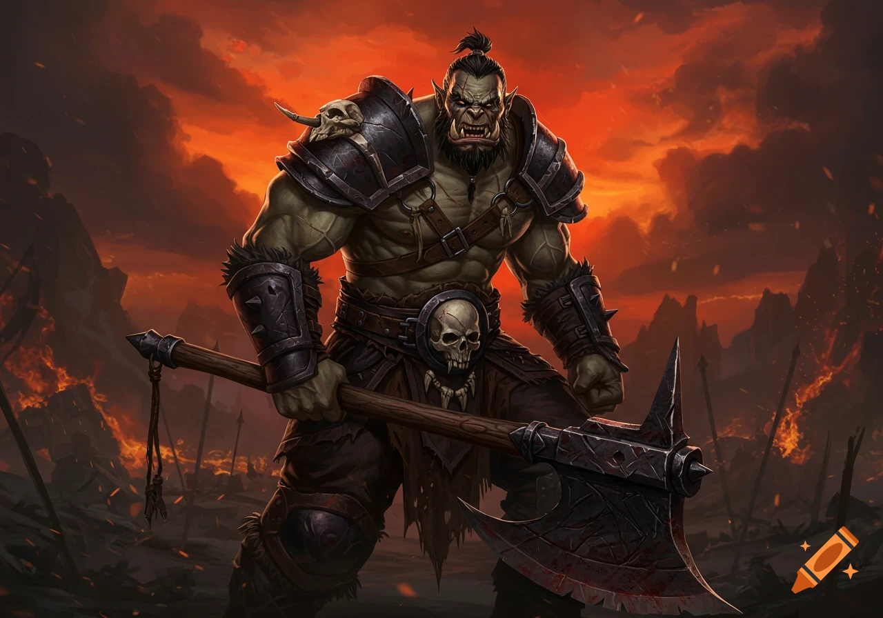 Powerful orc warrior with large axe standing on a battlefield under a fiery sky.