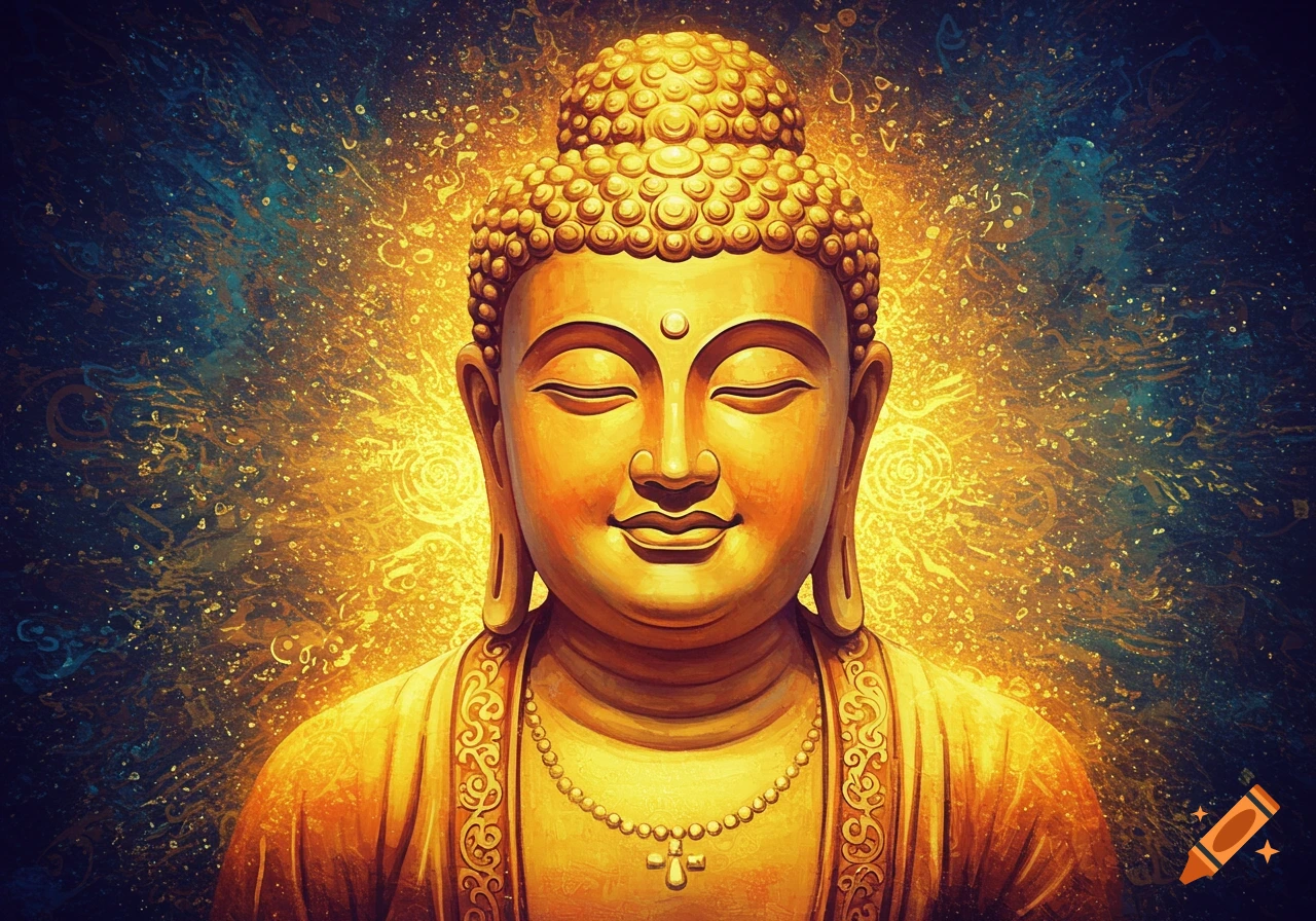 Golden Buddha statue against a vibrant gold and blue swirling background.