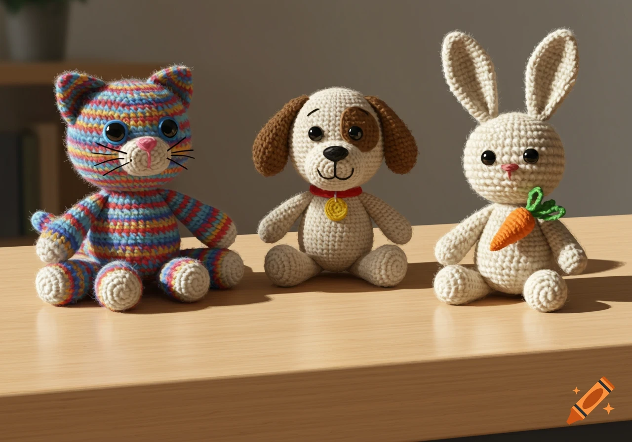 Three crochet stuffed animals, a cat, dog, and bunny, sit on a wooden desk.