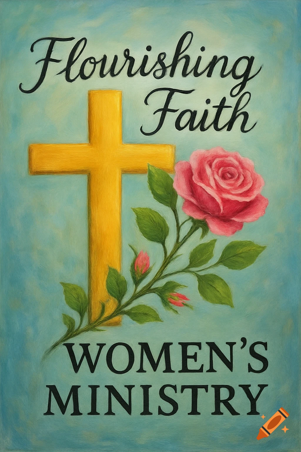 Digital painting of a golden cross and a pink rose with text 'Flourishing Faith Women's Ministry' on a blue background.