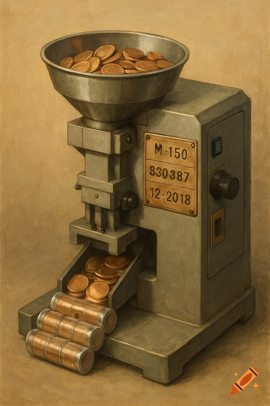 A coin counting and packaging machine with coins in the hopper and rolls of coins below. A label on the side shows numbers and a date.
