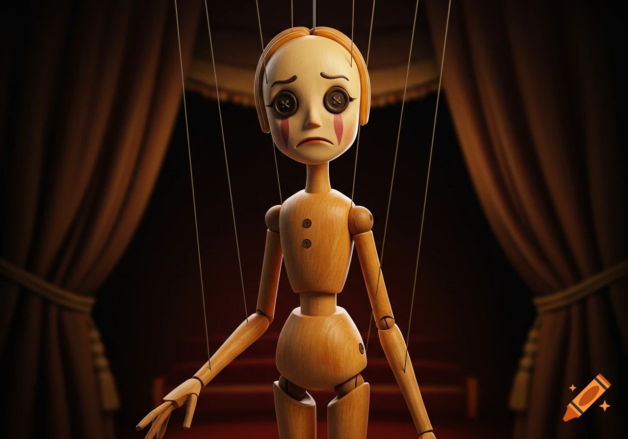 A sad-looking wooden marionette with button eyes hangs from strings in front of red and brown curtains.