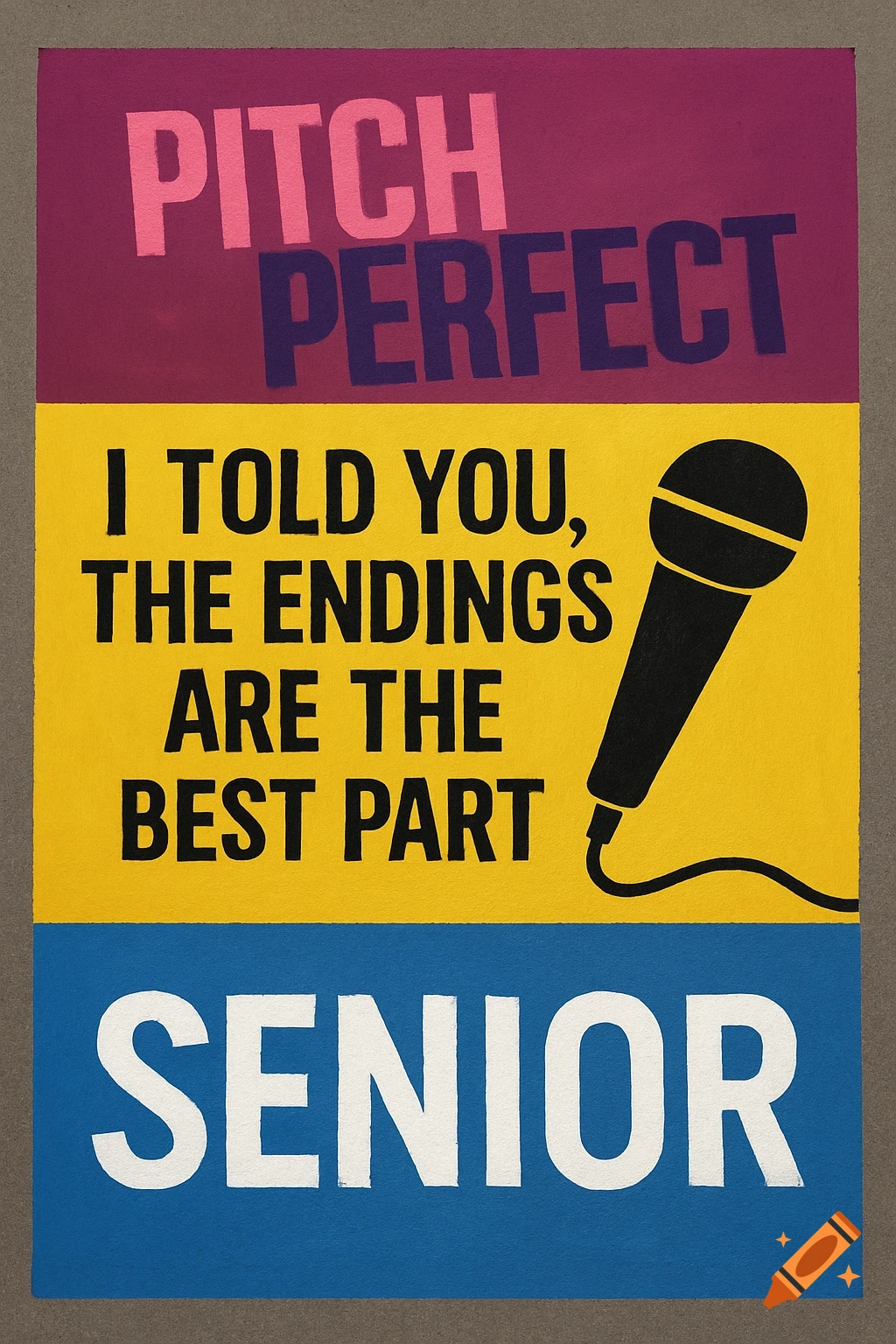 A poster design with purple, yellow, and blue bands featuring text 'PITCH PERFECT', 'I TOLD YOU, THE ENDINGS ARE THE BEST PART', and 'SENIOR', alongside a microphone.