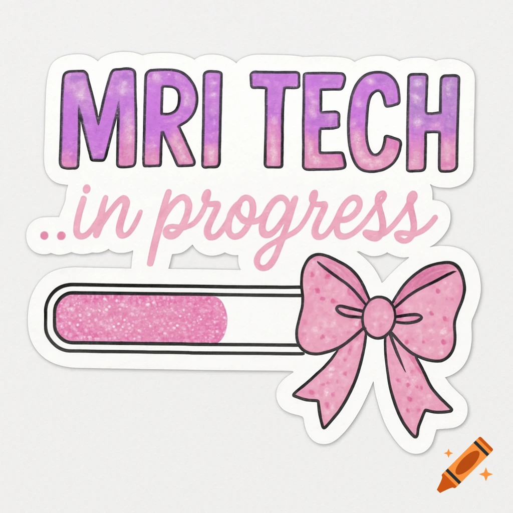 Sticker with text 'MRI TECH ..in progress', a pink glitter progress bar, and a pink bow.