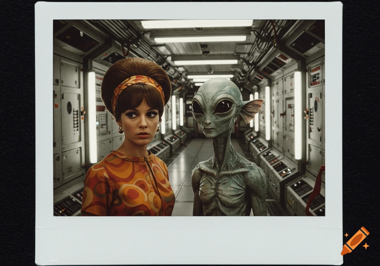 A 1960s woman stands next to an alien in a futuristic space station hallway in a Polaroid style.