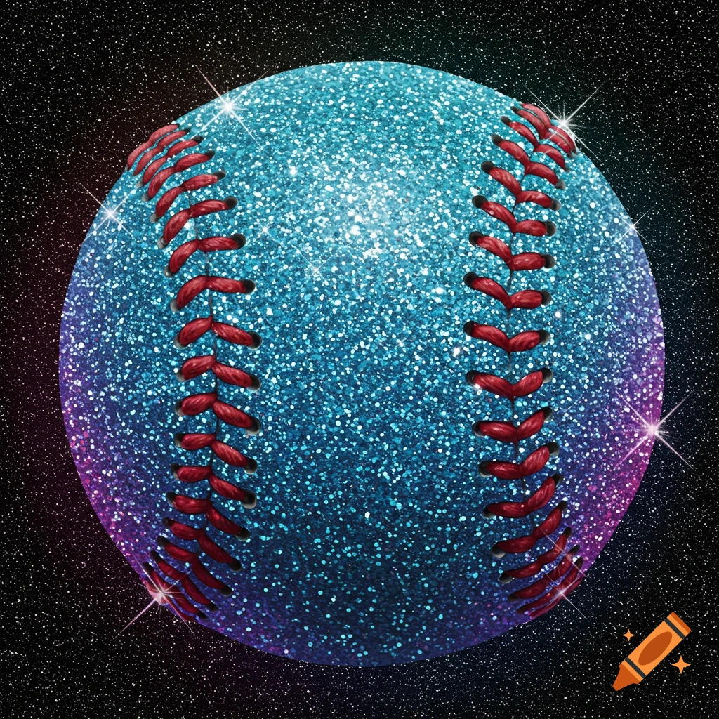 A baseball covered in sparkling blue and purple glitter with red stitching is set against a dark, starry background.