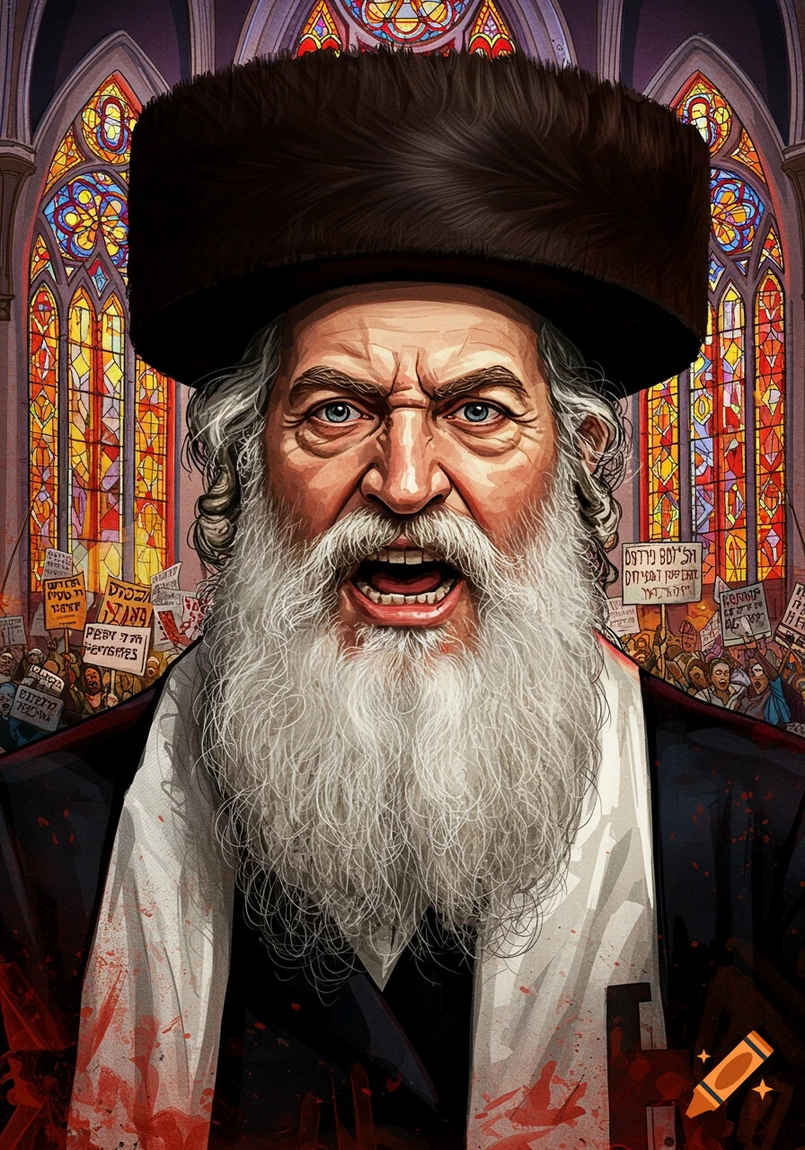 Close-up portrait of an angry rabbi in front of a protesting crowd and ...