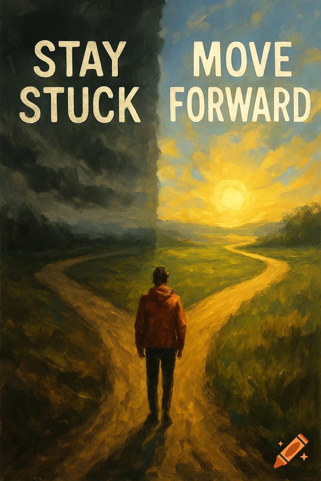 Painting of a person at a fork in a path under split stormy and sunny skies, with text "STAY STUCK" and "MOVE FORWARD".