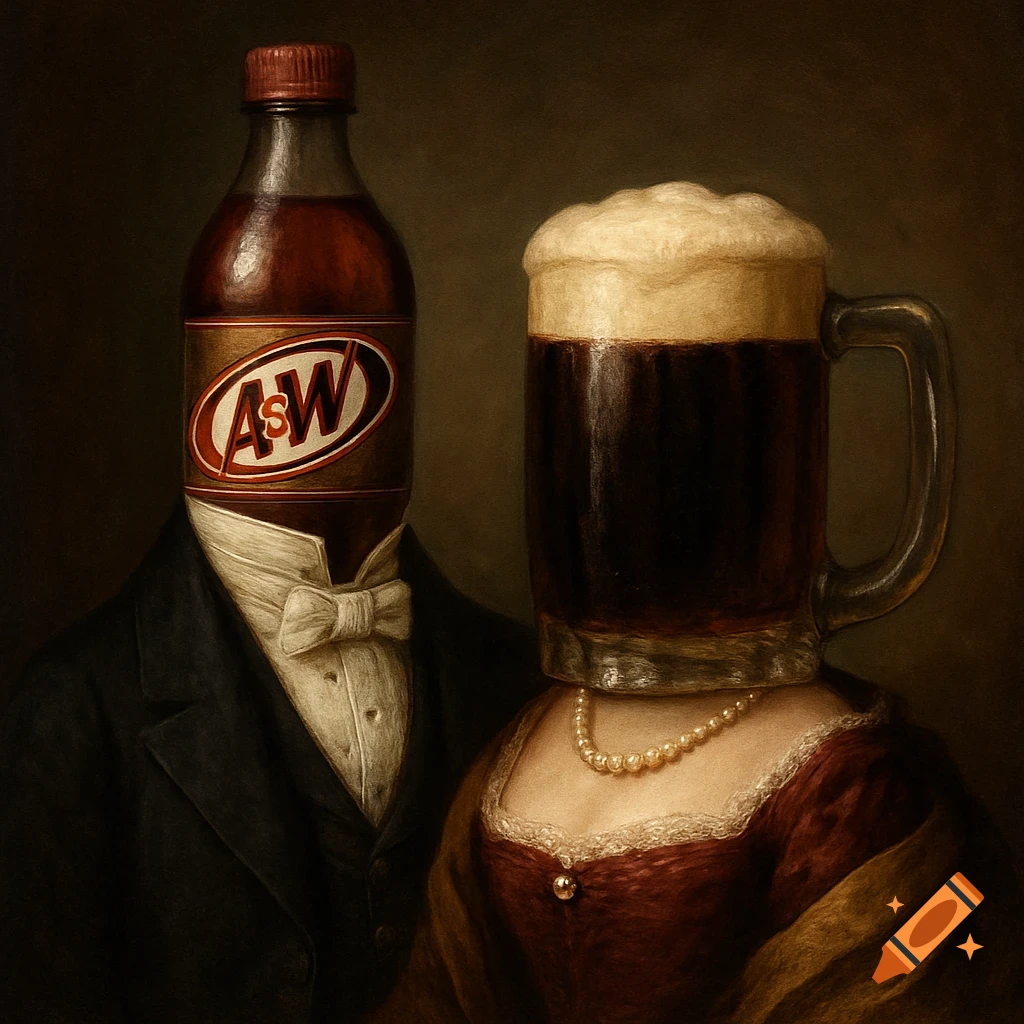 A bottle of A&W root beer in a tuxedo stands next to a root beer float in a mug wearing a dress, classical painting style.