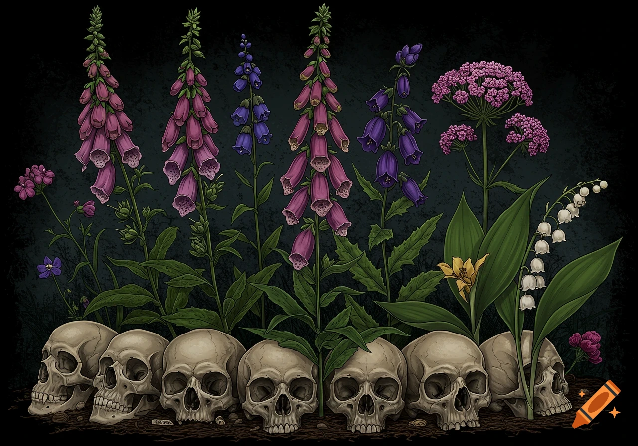 Stylized illustration of skulls lying on the ground beneath tall purple, pink, and white poisonous plants.
