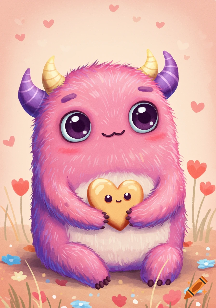 Cute pink furry monster with big eyes holding a heart, surrounded by flowers and hearts, digital illustration.