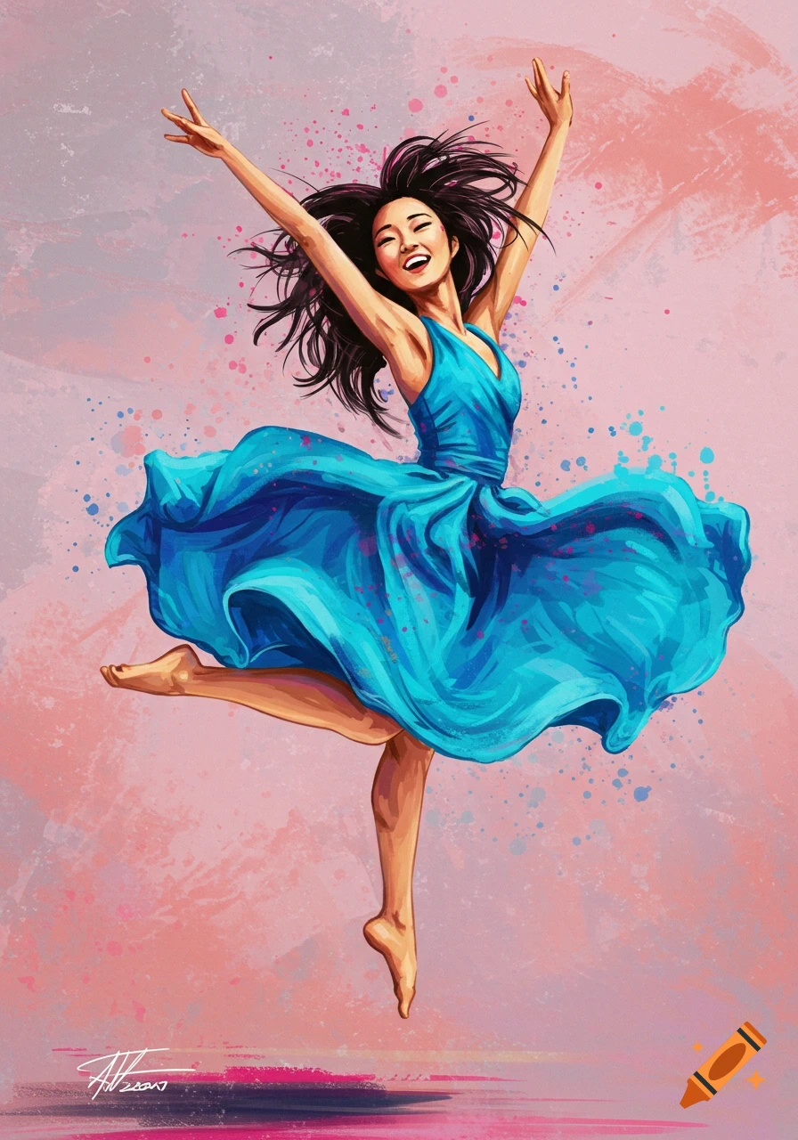 Woman in blue dress dancing in a painterly style with paint splatters