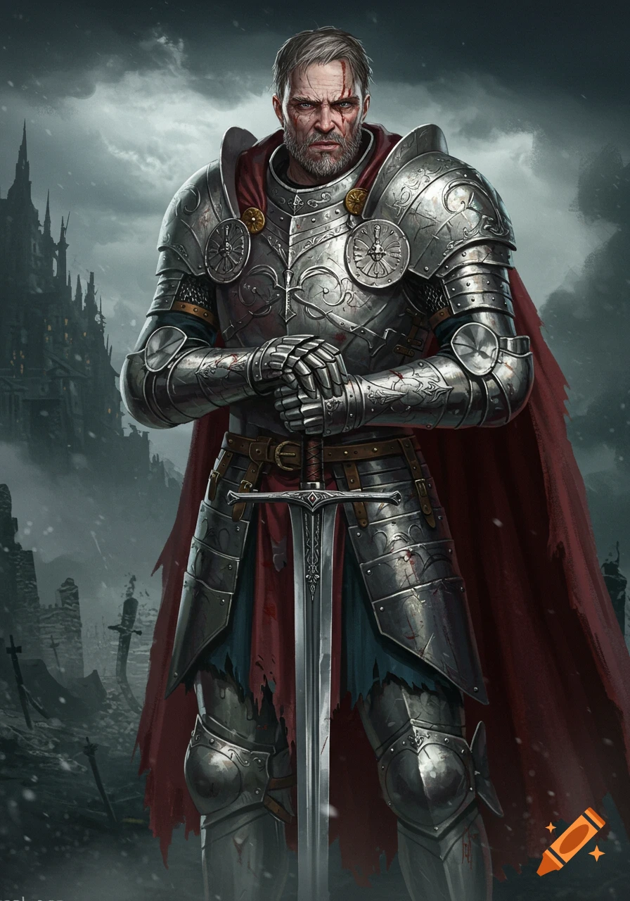 A knight in full plate armor holds a longsword, standing in a ruined snowy landscape before a dark castle.