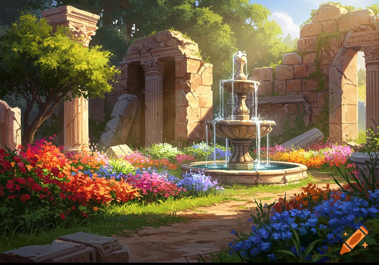 Garden with colorful flowers and a fountain among ancient ruins