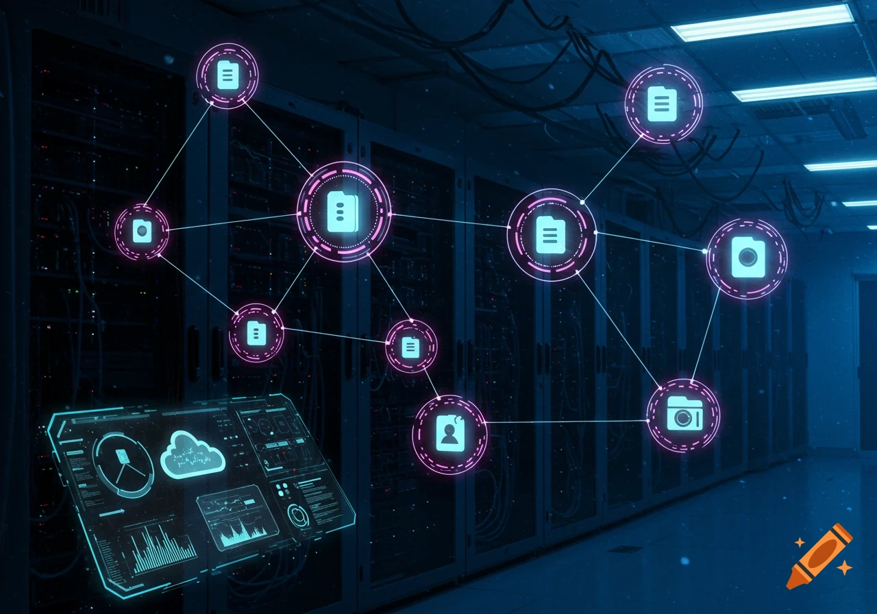 Holographic network diagram and data display in a futuristic server room