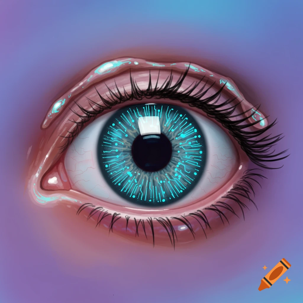 Close-up of an eye with a futuristic blue circuit pattern in the iris.