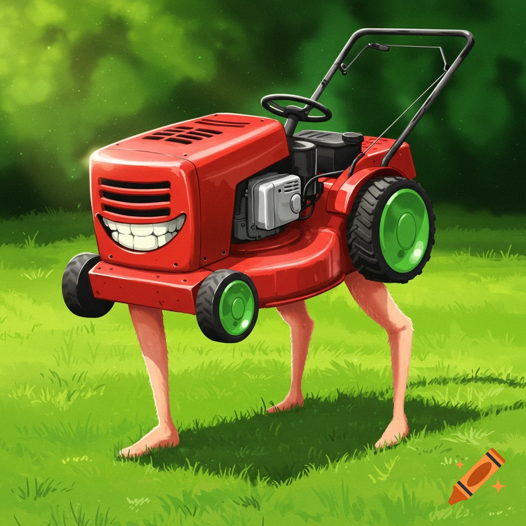 A cartoon red lawnmower with a big grin walks on human legs across a grassy field.