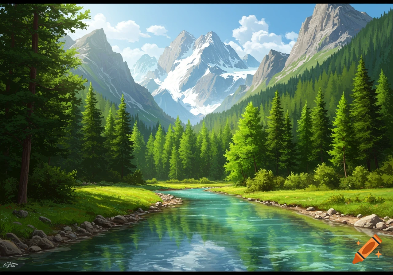 Detailed illustration of a mountain valley with a clear river flowing through a forest.