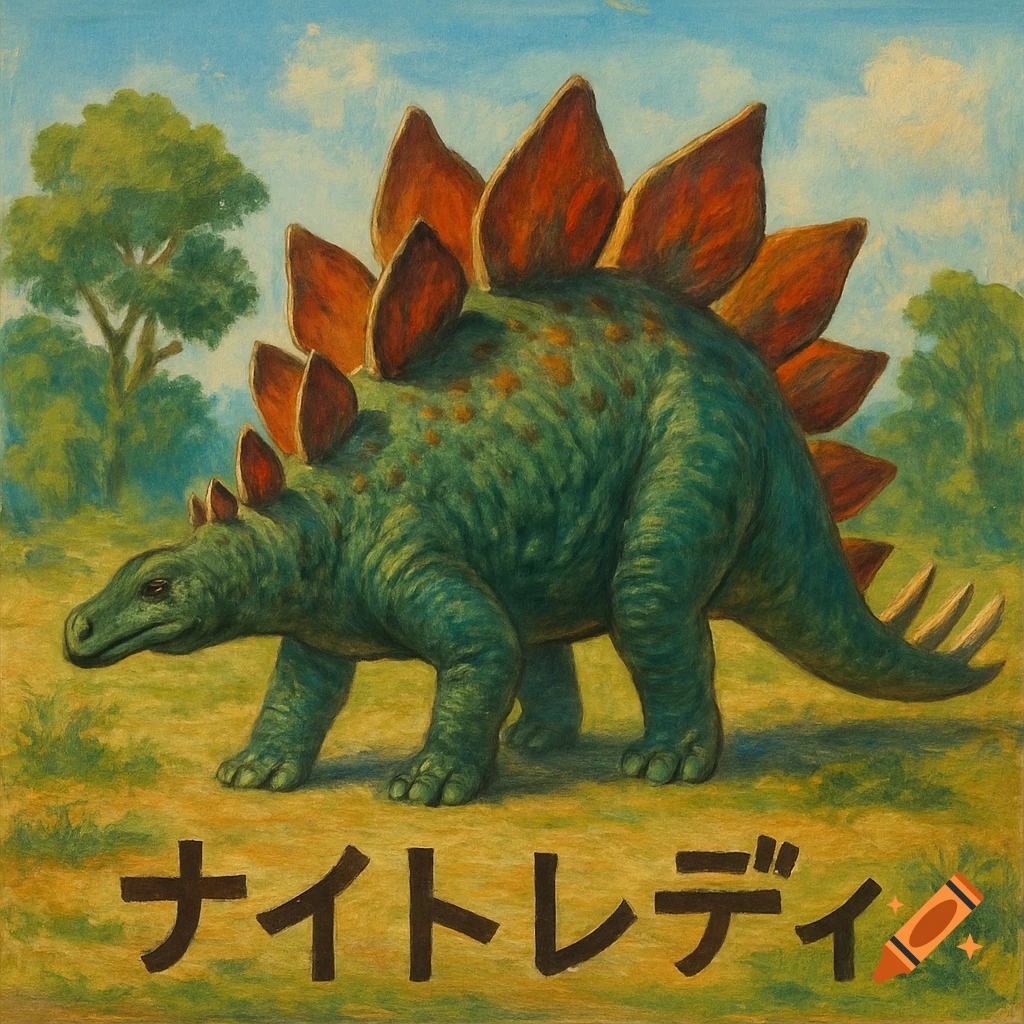 Painting of a green stegosaurus with red plates standing in a grassy landscape with trees, and Japanese text below.